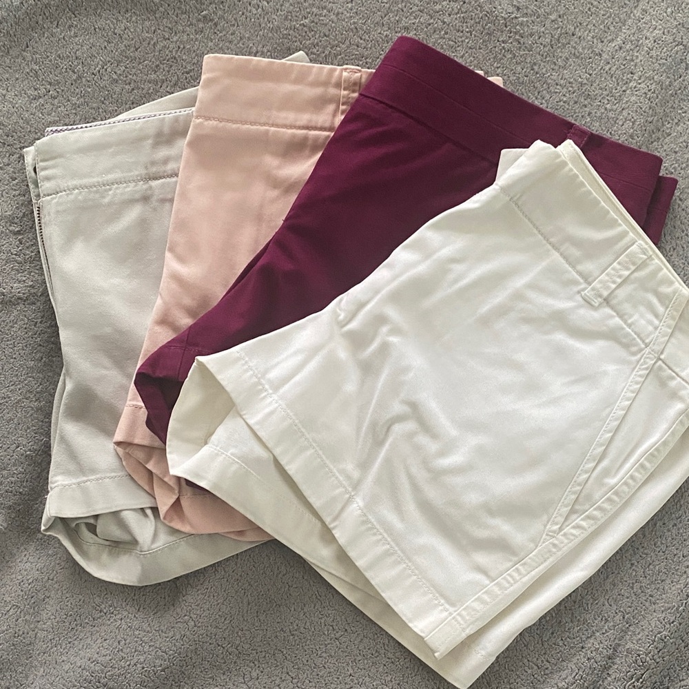 Set of Women's j crew chino Shorts in khaki, Pink, and purple (plum), and white